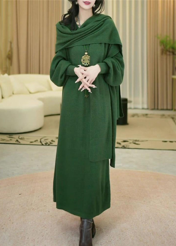 Women Green Cozy Solid Long Knit Dress Winter