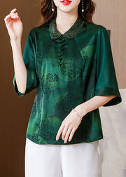 Women Green Double-layer Collar Patchwork Print Silk Top Half Sleeve