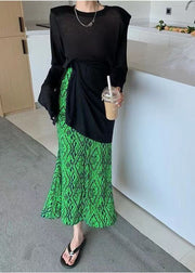 Women Green Elastic Waist Print Draping Silk Skirt Summer