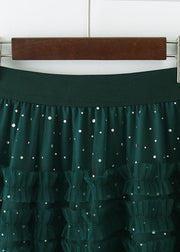 Women Green Elastic Waist Sequins Ruffled Tulle Skirts Spring