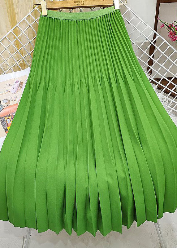 Women Green Elastic Waist Wrinkled Silk Pleated Skirts Spring