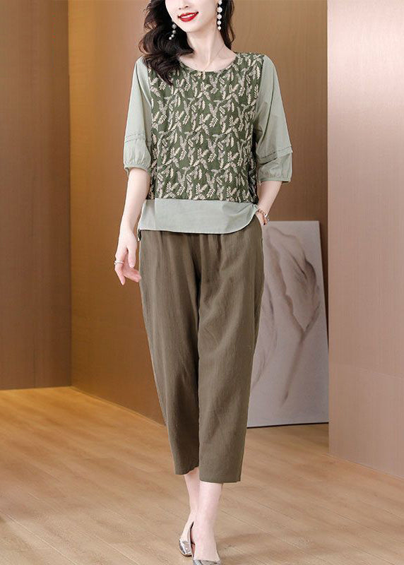 Women Green Embroidered Patchwork Linen Two Pieces Set Spring