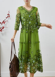 Women Green Embroidered Tulle Cinched Dress Summer