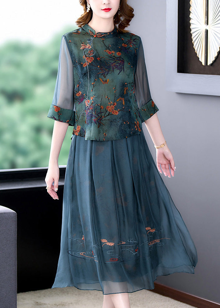 Women Green Embroidered Button Silk Shirts And Maxi Skirts Two Pieces Set Half Sleeve