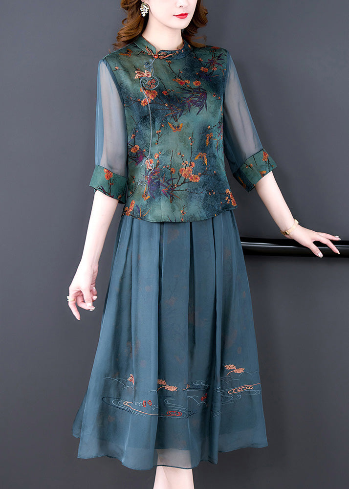 Women Green Embroidered Button Silk Shirts And Maxi Skirts Two Pieces Set Half Sleeve