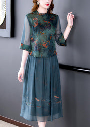 Women Green Embroidered Button Silk Shirts And Maxi Skirts Two Pieces Set Half Sleeve