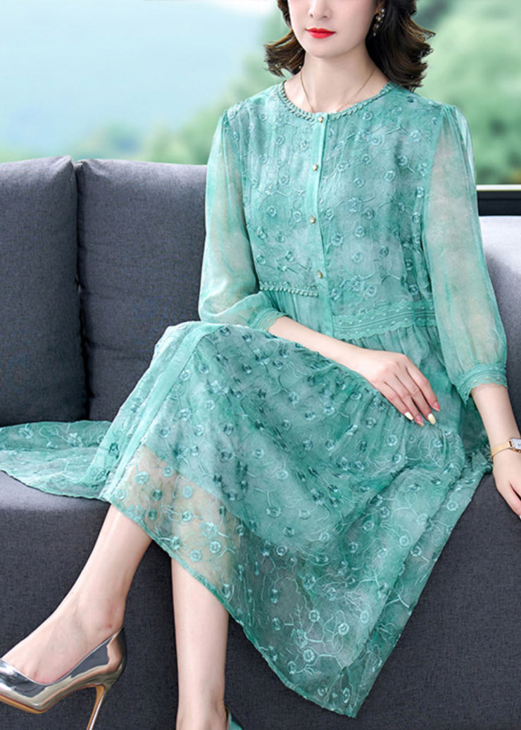 Women Green Embroideried Patchwork Silk Mid Dress Summer