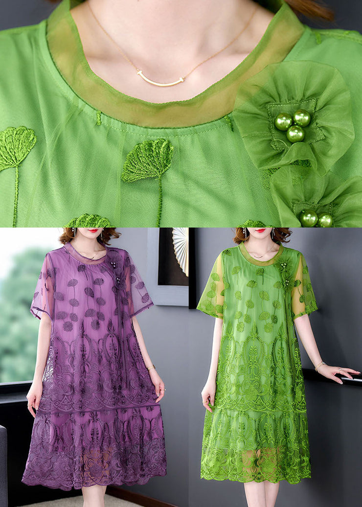 Women Green Embroideried Patchwork Tulle Dresses Short Sleeve