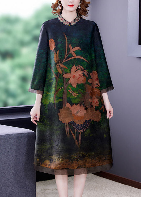 Women Green Embroideried Patchwork Zippered Silk Dresses Bracelet Sleeve