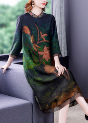 Women Green Embroideried Patchwork Zippered Silk Dresses Bracelet Sleeve