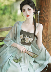 Women Green Embroideried Ruffled Cardigans And Spaghetti Strap Dress Chiffon Two Pieces Set Fall