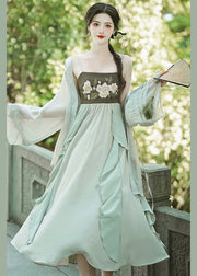 Women Green Embroideried Ruffled Cardigans And Spaghetti Strap Dress Chiffon Two Pieces Set Fall