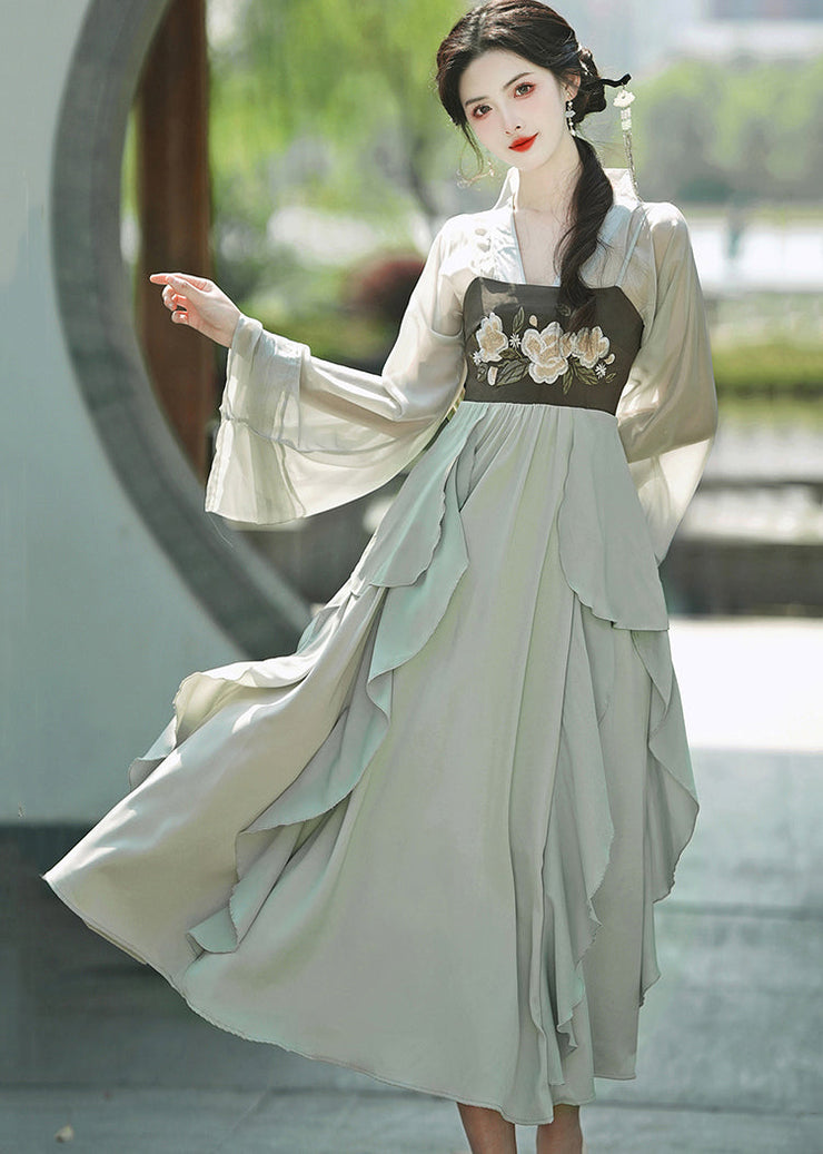 Women Green Embroideried Ruffled Cardigans And Spaghetti Strap Dress Chiffon Two Pieces Set Fall