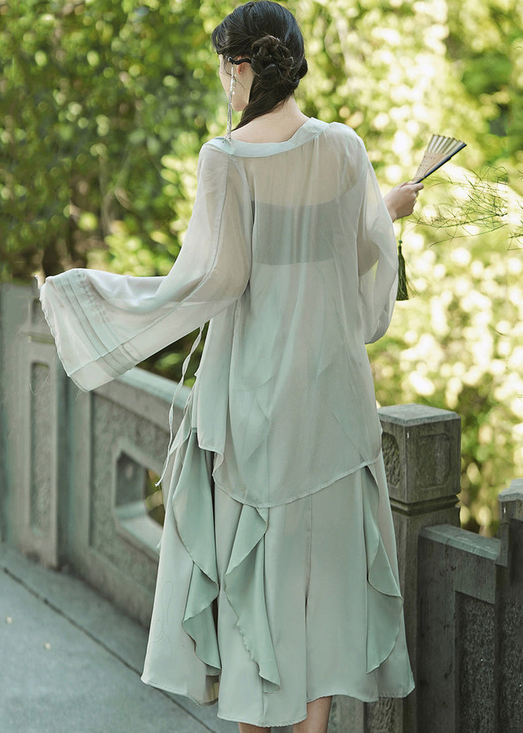 Women Green Embroideried Ruffled Cardigans And Spaghetti Strap Dress Chiffon Two Pieces Set Fall