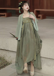 Women Green Embroideried Tops And Spaghetti Strap Dress Two Pieces Set Fall