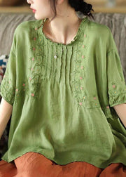 Women Green Floral Draped Ramie O-neck Embroidered Split T-shirt - SooLinen