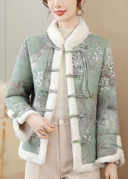 Women Green Fur Collar Patchwork Warm Fleece Parkas Winter