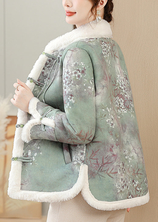 Women Green Fur Collar Patchwork Warm Fleece Parkas Winter