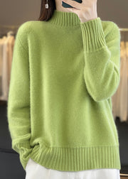 Women Green Half Hign Neck Thick Woolen Knit Sweaters Winter