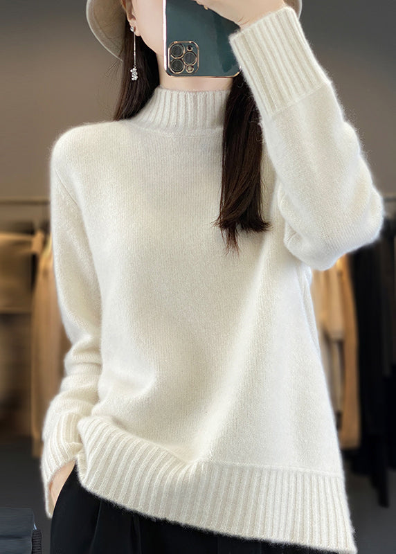 Women Green Half Hign Neck Thick Woolen Knit Sweaters Winter