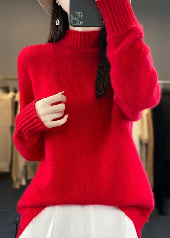 Women Green Half Hign Neck Thick Woolen Knit Sweaters Winter