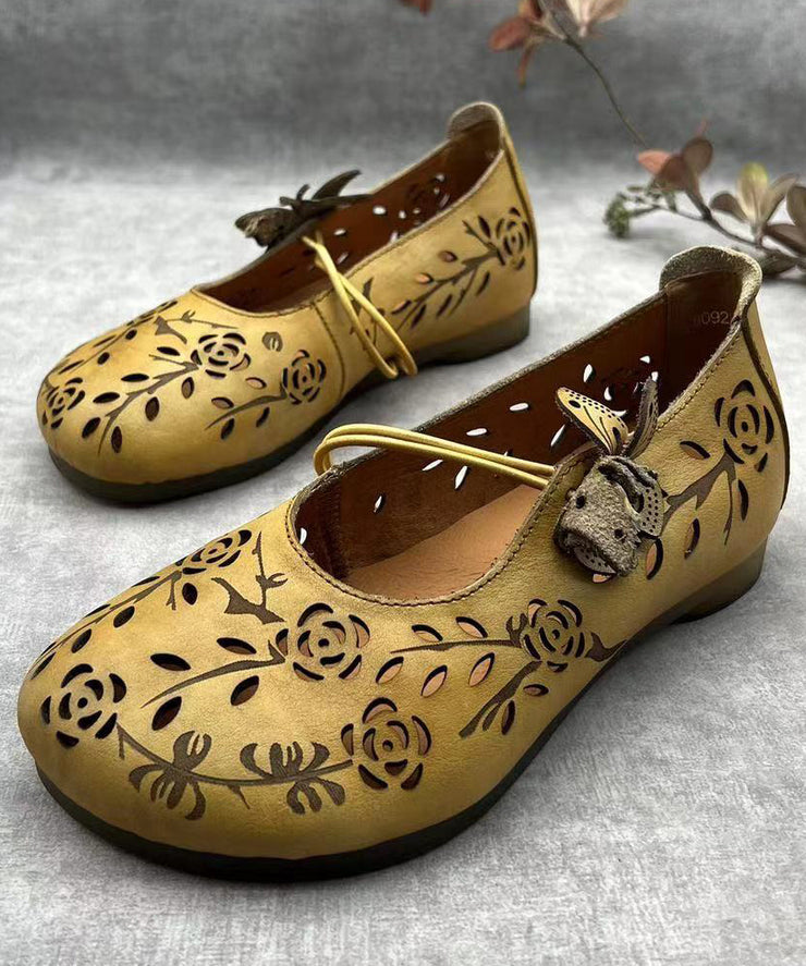 Women Green Hollow Out Genuine Leather Flat Feet Shoes