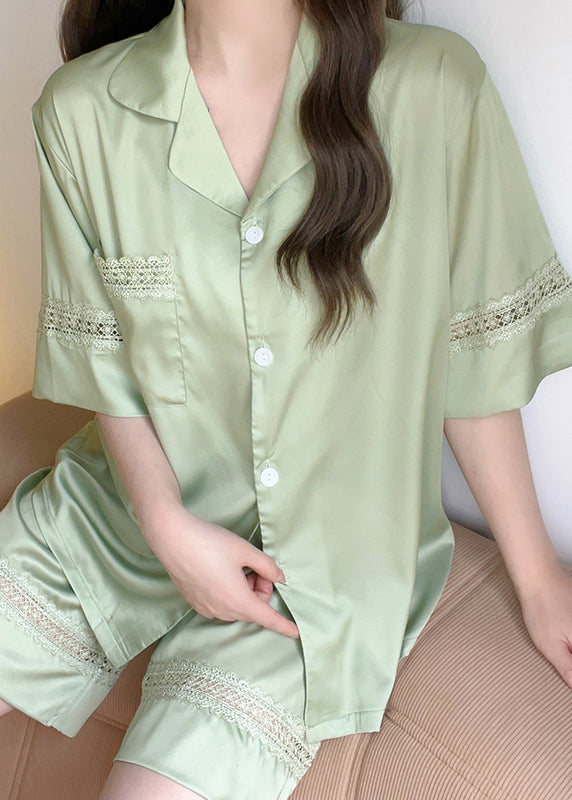 Women Green Hollow Out Shirts And Shorts Ice Silk Pajamas Two Pieces Set Summer