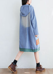 Women Green Hooded Print Cotton Mid Dresses Spring