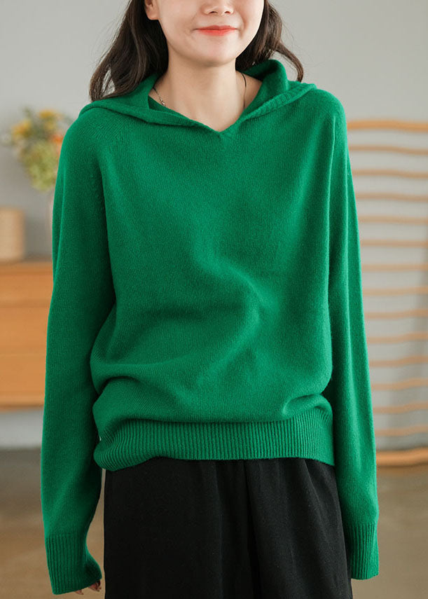 Women Green Hooded Thick Solid Color Wool Sweaters Winter