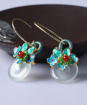 Women Green Jade Agate Cloisonne Floral Drop Earrings