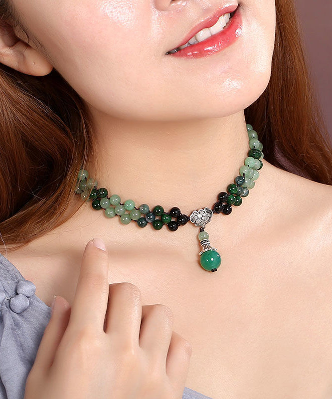 Women Green Jade Agate Crystal Pendant Necklace