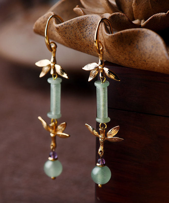 Women Green Jade Bamboo 14K Gold Tassel Drop Earrings