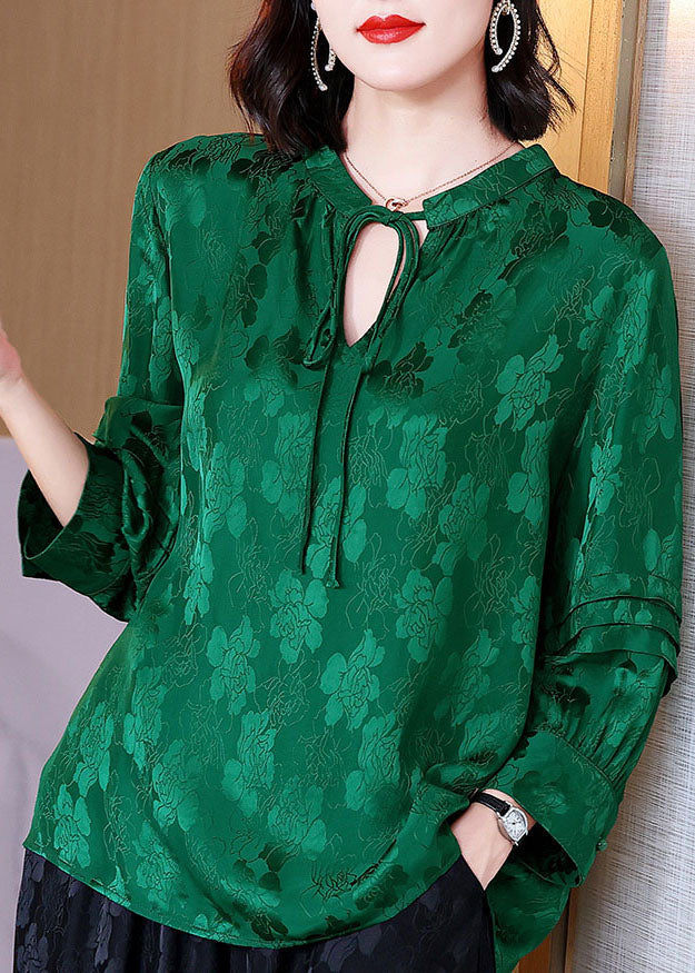 Women Green Lace Up Jacquard Patchwork Silk Shirt Tops Fall