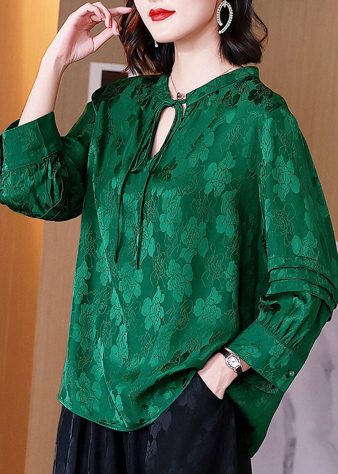 Women Green Lace Up Jacquard Patchwork Silk Shirt Tops Fall