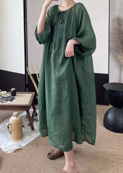 Women Green Lace Up Solid Linen Long Dresses Fall
