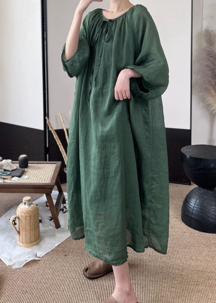Women Green Lace Up Solid Linen Long Dresses Fall
