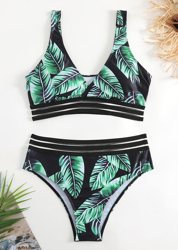 Women Green Leaf Printed High Waisted Split Bikini Swimwear Set