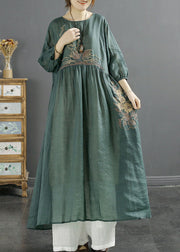 Women Green O-Neck Embroideried Patchwork Linen Long Dresses Bracelet Sleeve