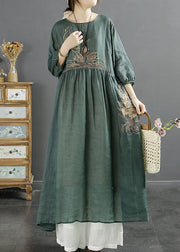 Women Green O-Neck Embroideried Patchwork Linen Long Dresses Bracelet Sleeve