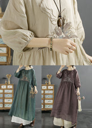 Women Green O-Neck Embroideried Patchwork Linen Long Dresses Bracelet Sleeve