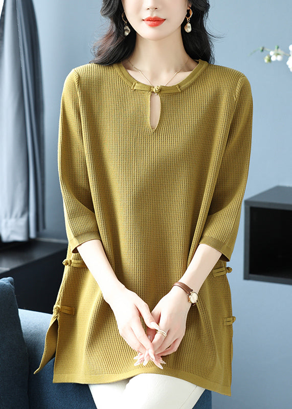 Women Green O Neck Oriental Button Ice Silk Knit Top Spring