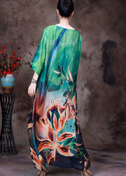 Women Green O-Neck Oversized Print Pockets Silk Beach Dresses Bracelet Sleeve