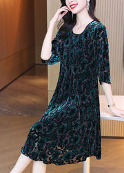 Women Green O-Neck Oversized Print Silk Velour Party Dress Half Sleeve