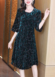 Women Green O-Neck Oversized Print Silk Velour Party Dress Half Sleeve