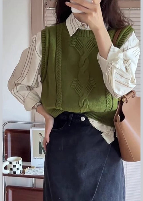 Women Green O Neck Patchwork Cozy Cotton Knit Waistcoat Sleeveless