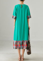 Women Green O-Neck Patchwork Wrinkled Cotton Dress Summer