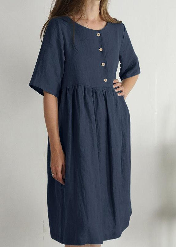 Women Green O Neck Pockets Wrinkled Patchwork Linen Dress Summer