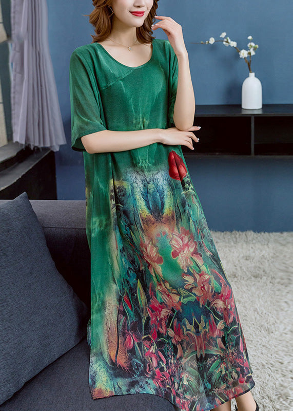 Women Green O Neck Print Patchwork Chiffon Dress Summer