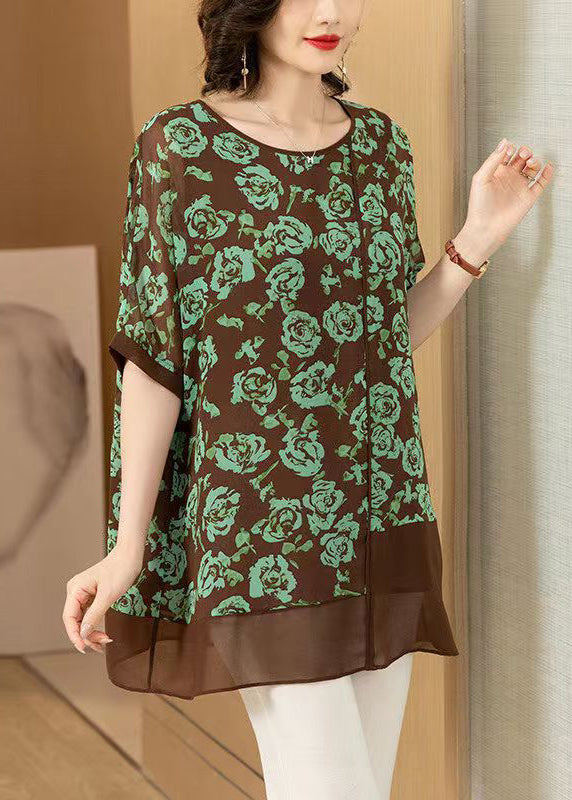 Women Green O Neck Print Patchwork Chiffon T Shirt Summer