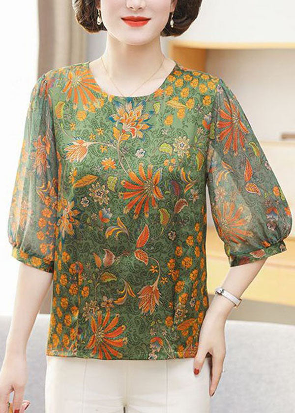 Women Green O Neck Print Patchwork Chiffon Tops Summer